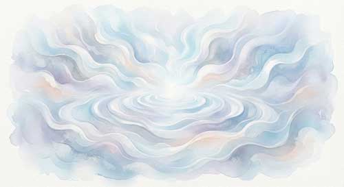 Ilustración abstracta de ondas suaves y expansivas en tonos azules y blancos, simbolizando la consciencia abierta que recibe toda la experiencia sin filtrar
