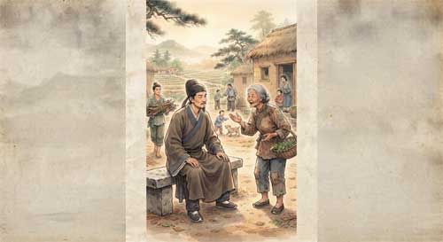Bai Juyi conversando con aldeanos, ilustración estilo pintura china narrativa