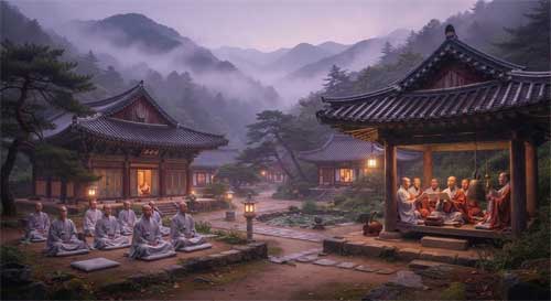 Templo coreano tradicional en montaña neblinosa donde monjes meditan en silencio mientras otros recitan sutras con campanas, simbolizando la coexistencia de Sŏn y Tierra Pura