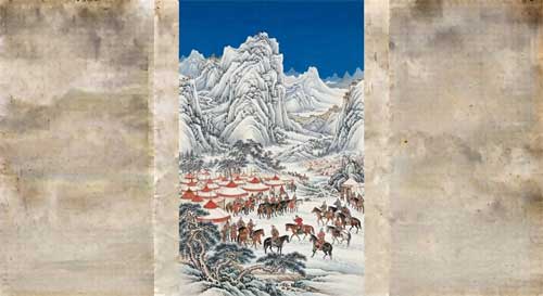 Campamento militar en la nieve fronteriza, ilustración estilo Cen Shen