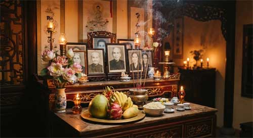 Altar familiar vietnamita con fotos de ancestros, incienso humeante y ofrendas de fruta, iluminado por luz cálida de velas, mostrando la integración de la devoción budista en el hogar