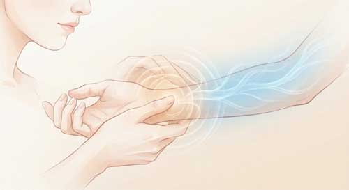 Ilustración conceptual de una mano aplicando presión consciente sobre un punto energético, con ondas sutiles de luz irradiando desde el contacto