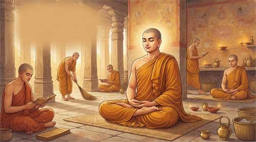Guanyin manifestado como Monje Bhikṣu Gupta del siglo V, renunciante con túnica azafrán sentado en meditación dentro de vihara antiguo, expresión de paz profunda, rodeado de otros monjes en proporciones realistas sin texto visible