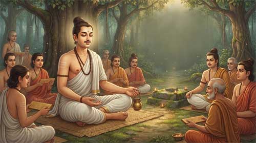 Guanyin manifestado como Brahman Sacerdote Gupta del siglo V, erudito sentado en postura de enseñanza con cuenco ritual, expresión de sabiduría serena, rodeado de discípulos en proporciones realistas sin texto visible