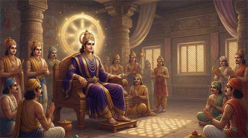 Guanyin manifestado como Rey Cakravartin Gupta del siglo V, monarca universal sentado en trono con Rueda del Tesoro flotante, expresión de autoridad serena, rodeado de ministros y súbditos en proporciones realistas sin texto visible