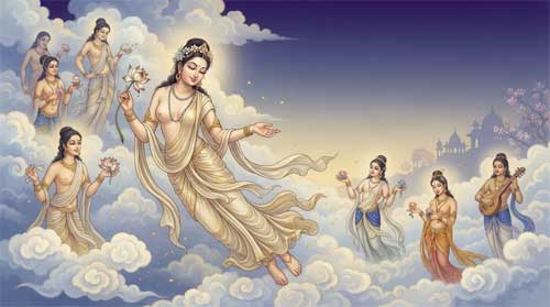 Guanyin manifestada como Deva Hembra Gupta del siglo V, figura celestial femenina con vestimenta fluida y joyería sutil, flotando entre nubes etéreas con expresión serena y sabia, rodeada de otras devatas en proporciones realistas sin texto visible