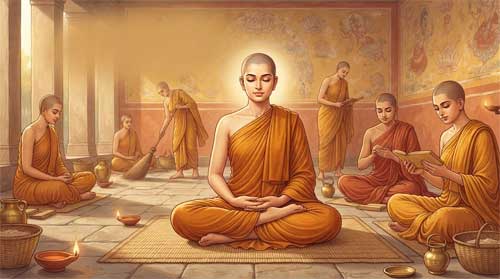 Guanyin manifestada como Bhikkhunī, monja budista con túnica azafrán sentada en meditación en un vihara antiguo, rodeada de otras monjas en proporciones realistas, luz suave filtrándose por columnas