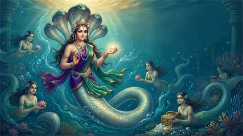 Guanyin manifestada como Nāginī Gupta del siglo V, princesa dragón emergiendo de aguas luminosas con expresión de claridad absoluta, sosteniendo perla sagrada, rodeada de otras nāginīs en proporciones realistas sin texto visible