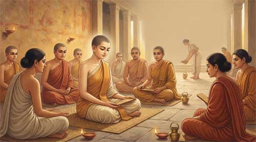 Guanyin manifestada como Monja Novicia Śikṣamāṇā Gupta del siglo V, joven mujer en vestimenta intermedia entre laica y monástica, sentada en estudio respetuoso junto a bhikkhunīs mayores, expresión de dedicación serena, sin texto visible