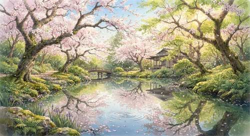 Ilustración serena de un jardín japonés en primavera con cerezos en flor reflejándose en un estanque tranquilo, simbolizando la armonía entre tradición y vida presente