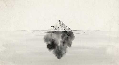 Representación minimalista de un iceberg, mostrando la parte visible y la sumergida