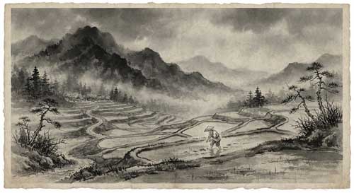 Paisaje montañoso rural japonés con arrozales en terrazas bajo cielo nublado, figura solitaria de campesino trabajando, atmósfera grave y melancólica, estilo pintura tinta sumi-e