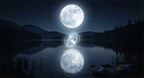 Luna llena grande y brillante reflejada en un lago tranquilo nocturno, con una joya translúcida flotando sobre el agua emitiendo luz plateada suave, atmósfera de calma absoluta y misterio