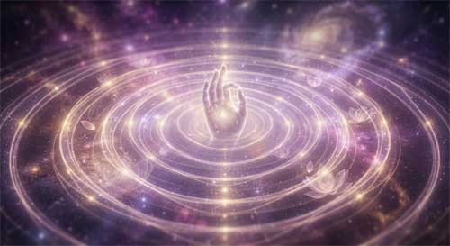 Ondas concéntricas luminosas emanando desde un punto central donde una mano realiza un gesto consciente, simbolizando las repercusiones kármicas de las acciones intencionales