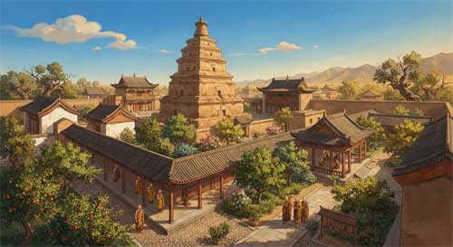 Reconstrucción artística del Templo Mo'er de Kashgar mostrando una estupa central rodeada de edificios monásticos con tejados curvos de estilo chino
