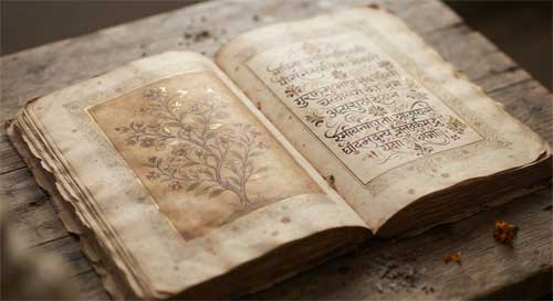 Representación minimalista de un manuscrito antiguo con ilustraciones florales delicadas