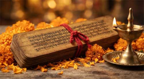 Manuscrito antiguo sánscrito sobre hojas de palma con caligrafía detallada, rodeado de flores de marigold y una lámpara de aceite tradicional, simbolizando la sabiduría védica