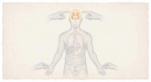 Silueta humana transparente con cerebro iluminado en dorado, manos presionando puntos específicos en cabeza y manos, fondo limpio y minimalista estilo diagrama médico artístico