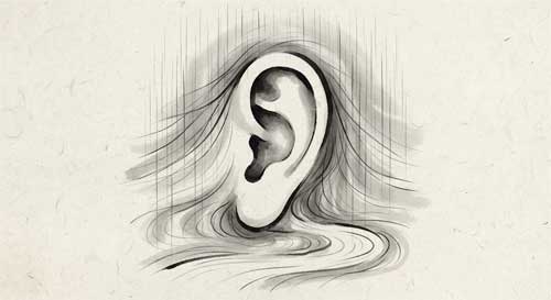Silueta minimalista de una oreja humana integrada en un paisaje sereno, estilo tinta