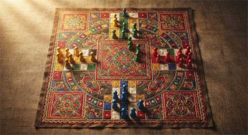 Tablero de Pachisi en forma de cruz con fichas de colores dispuestas en los brazos y el centro