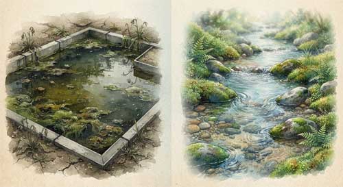 Comparación artística entre un estanque turbio y estancado con algas versus un arroyo claro fluyendo suavemente entre rocas en un penjing