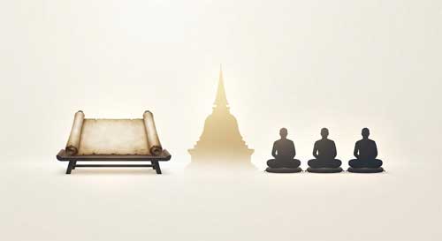 Representación simbólica de las Tres Joyas: una estupa dorada (Buda), un sutra abierto sobre un pedestal (Dharma) y monjes en armonía (Sangha), bajo una luz serena