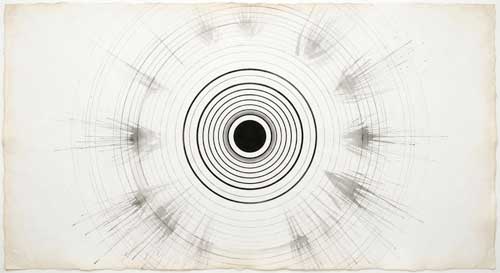Diagrama abstracto de capas concéntricas de consciencia, desde el núcleo brillante central hasta las ondas periféricas de pensamiento, estilo minimalista zen geométrico tinta negra sobre papel arroz
