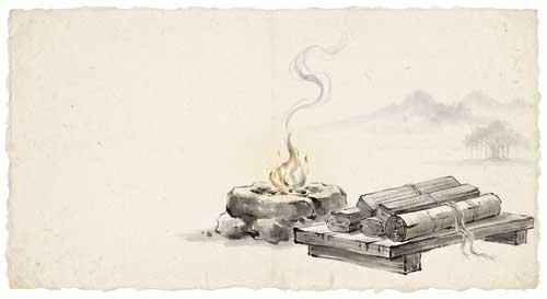 Representación minimalista de un fuego sagrado y manuscritos antiguos