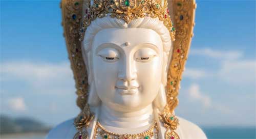 Primer plano detallado del rostro sereno de la estatua de Guanyin en Nanshan, con expresión compasiva y joyas ornamentales brillantes bajo la luz solar