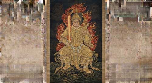 Buda de la Armadura de Oro en postura protectora, ilustración estilo budista esotérico