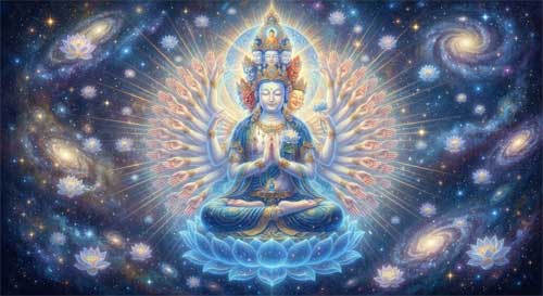 Avalokiteshvara con mil brazos y ojos, irradiando luz desde cada palma, rodeado de un mandala cósmico con tonos azules y dorados, simbolizando la omnipresencia de la compasión