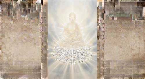 Buda de Luz Pura y Silenciosa en meditación luminosa, ilustración estilo budista