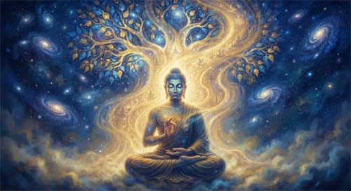 El Buda Śākyamuni sentado en meditación bajo un árbol Bodhi luminoso, pero su figura se desvanece sutilmente hacia arriba convirtiéndose en una luz dorada infinita que llena el cosmos, simbolizando su naturaleza eterna