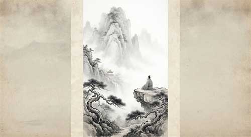 Paisaje shanshui con ermitaño meditativo, ilustración estilo Wang Wei