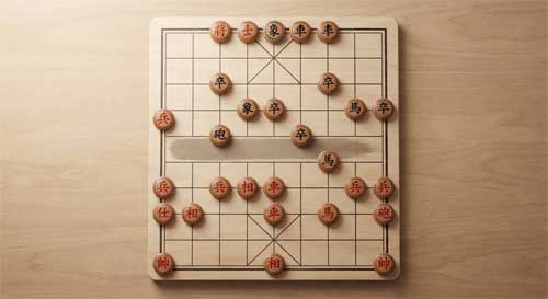 Tablero de Xiangqi con piezas circulares rojas y negras dispuestas para la batalla, separadas por el río central