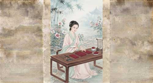 Xue Tao escribiendo sobre papel rojo, ilustración estilo pintura china Tang