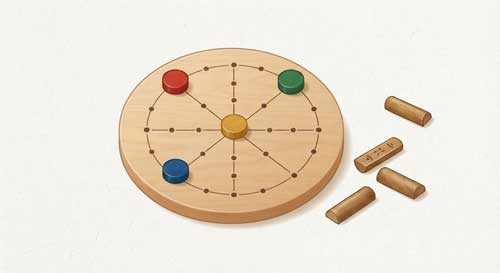 Tablero de Yut Nori con fichas de colores y cuatro palos de madera lanzados mostrando sus caras planas y redondas
