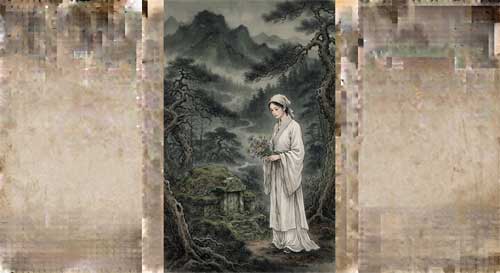 Zhang Yuniang junto a una tumba en el bosque, ilustración estilo pintura Song