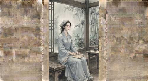 Zhu Shuzhen contemplando la lluvia, ilustración estilo pintura Song