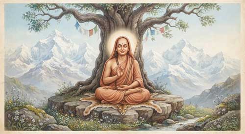 Representación clásica de Adi Shankara sentado en postura meditativa bajo un árbol, con vestimenta sencilla de monje