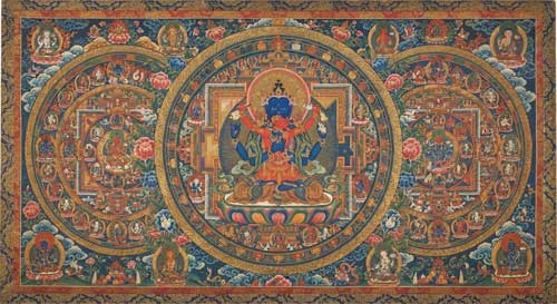 Thangka tibetano detallado mostrando deidades en unión rodeadas de un mandala complejo y colores vibrantes