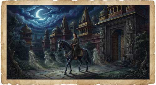 Ilustración de estilo antiguo mostrando al príncipe Siddhartha dejando su palacio bajo la luz de la luna