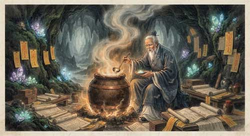Alquimista taoísta anciano con barba blanca junto a un horno de elixir humeante en una cueva montañosa, rodeado de minerales brillantes, pergaminos y símbolos talismánicos, estilo pintura china tradicional