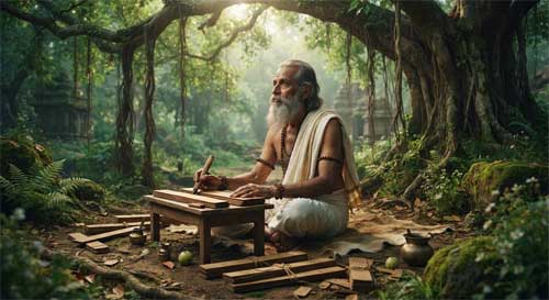 Poeta sánscrito escribiendo versos bajo un árbol frondoso, con expresión contemplativa y manuscritos dispersos