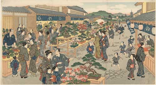 Grabado ukiyo-e mostrando ciudadanos comunes disfrutando de árboles en maceta en un festival o mercado