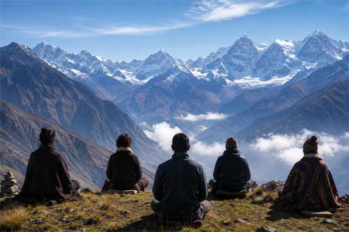 Practicantes de meditación en un paisaje andino montañoso, con vista a picos nevados