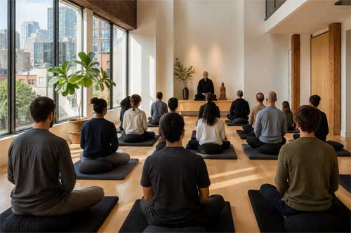 Centro de meditación moderno en un entorno urbano estadounidense, con personas diversas practicando zazen