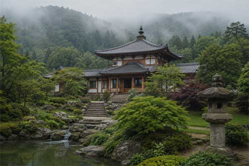 Templo budista tradicional integrado en un paisaje verde europeo, con arquitectura que mezcla estilos asiáticos y locales