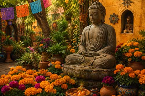 Estatua de Buda en un jardín mexicano con flores de cempasúchil, simbolizando la fusión cultural