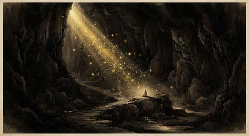 Rayo de luz dorada penetrando una cueva oscura iluminando partículas de polvo suspendidas, simbolizando la consciencia clara en la mente ordinaria, estilo pintura china atmosférica con claroscuro